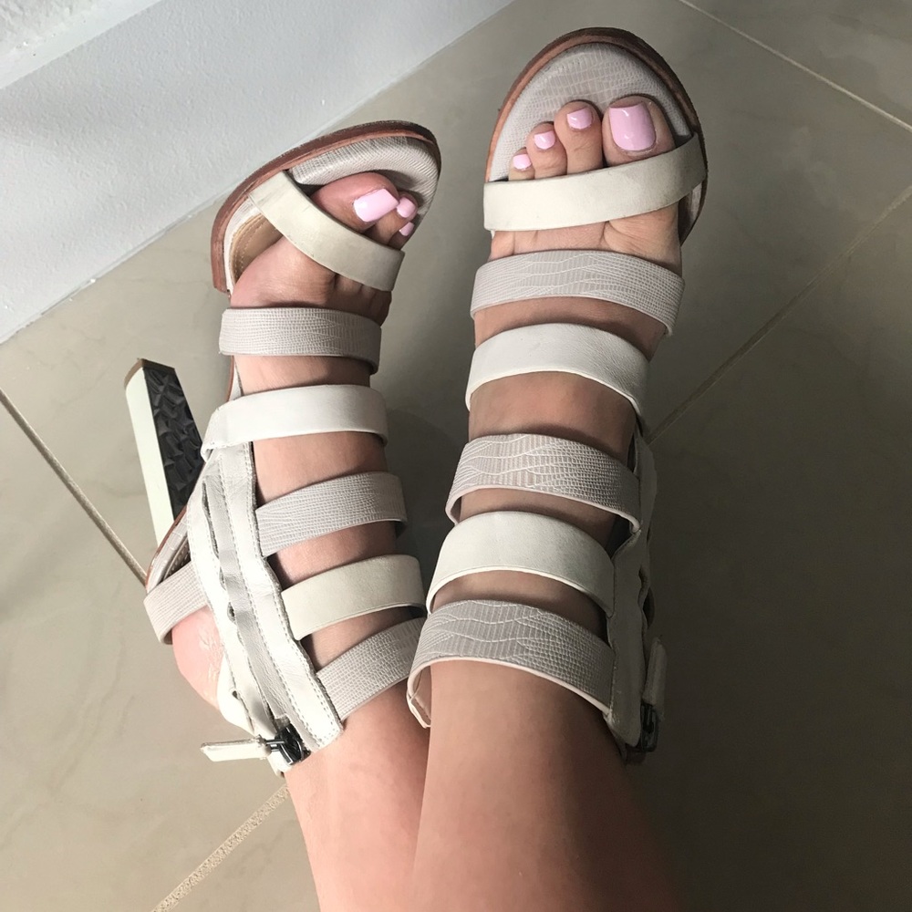 BCBGMAXAZRIA caged genuine leather strappy heels